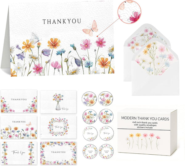 Racrico 60 Embossed Thank You Cards With Envelopes,6 Elegant Floral Designs, 4x6Bulk