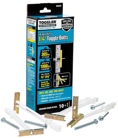 TOGGLER SNAPTOGGLE BB Toggle Anchor with Bolts, Zinc-Plated Steel Channel, 3/8" to 3-5/8" Grip Range (Pack of 10)