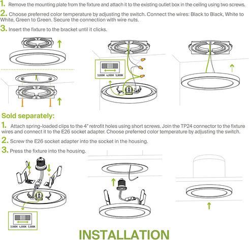 12" 5CCT, Dimmable, 24W 1900LM 2700-6000K 120V ASD LED Round Flush Mount Ceiling Light Fixture, Low Profile Surface