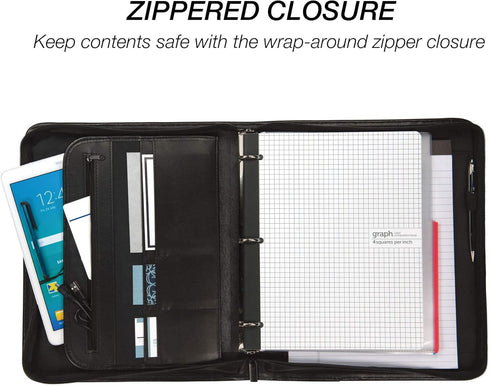 Samsill Professional 1-Inch Zipper Binder Padfolio, Black, Includes iPad Pocket & Writing Pad
