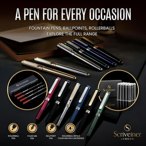 Scriveiner Deep Crimson Red Fountain Pen, Luxury Pen with Chrome Finish, Schmidt Nib (Medium), Best Gift Set for Men &