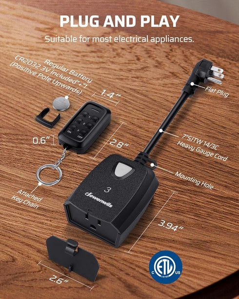 2 3-Prong 15A 100FT DEWENWILS Outdoor Indoor Wireless Remote Control Outlet with Remotes, Remote Plug Weatherproof