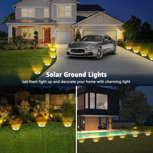 8 Pack 8 IP65 Solar Ground Lights Outdoor, LED Solar Disk Lights, Waterproof Long Lasting Flat Light for Garden Pathway