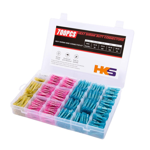 HKS 700 PCS Heat Shrink Butt Connector Kit - Electrical Wire Connectors 26-10 AWG - Tinned Red Copper for Automotive
