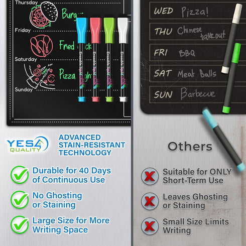 Magnetic Dry Erase Black Menu Board (16 x 12") for Fridge, Weekly Meal Planner with 4 Neon Chalk Markers & Cloth Eraser