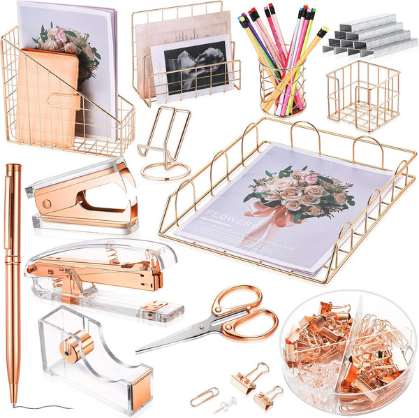 Yaomiao 13 Pcs Acrylic Desk Accessories Kit Organizer Gift Set for Women, Office Supplies, Rose Gold