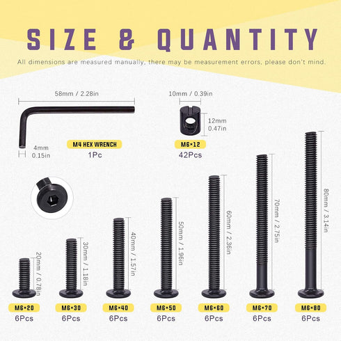 Swpeet 84Pcs M6 20/30/40/50/60/70/80mm 1 Black Crib Hardware Screws Kit, Hex Socket Head Cap Cribs Baby Bed Bolt