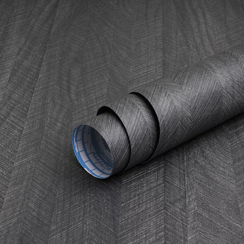 15.7"X118" Black Wood Wallpaper, Peel and Stick Fishbone Textured Contact Paper for Cabinet Decoration