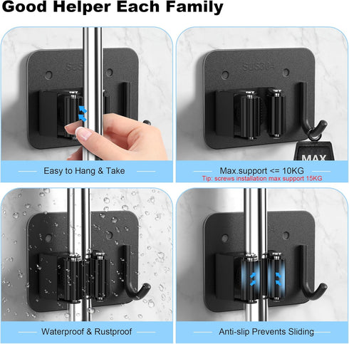 4 Pack Stainless Steel Broom Holder Wall Mount - Heavy Duty Utility Rack for Home, Kitchen, Garage Organization (Black)
