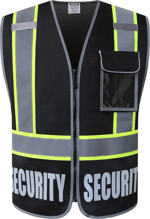 Heavy Duty Black Mesh Retro-Reflection Security Safety Vests with 5 Pockets and Front Zipper, Meet ANSI/ISEA 107-2015