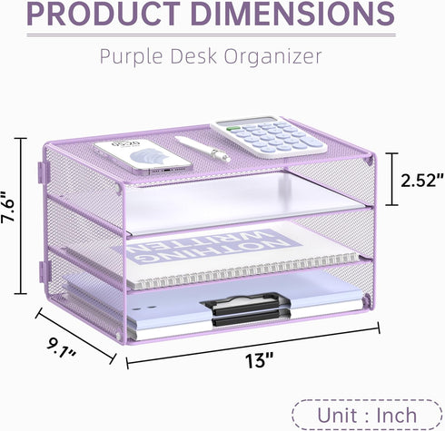 DALTACK 3 Tier Mesh Metal Letter Tray Paper Organizer for Home & Office, Light Purple