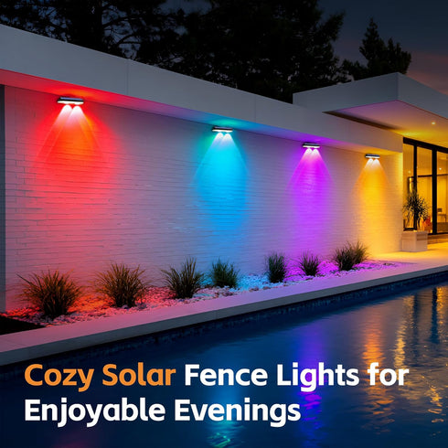 6 500mAhBattery,Solar lP65 (4-Pack) Solar Fence Lights Outdoor, Waterproof LED,RGB Color Mode Solid Monochrome