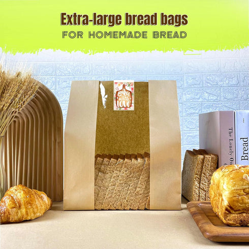 BIUBIU 16x10x5 inch Packaging 50Pcs Extra Large Paper Bread Bags for Homemade Bread with Window & Sticker for XL