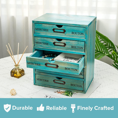 Turquoise 5-Tier Drawer Desktop Curio Cabinet, French Farmhouse Country Desk Organizer Box with Label Holder