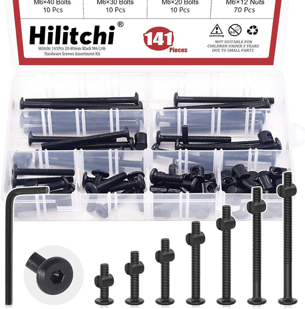 Hilitchi M6 140Pcs Black Hex Socket Head Screws Bolts Barrel Nuts Hardware Assortment