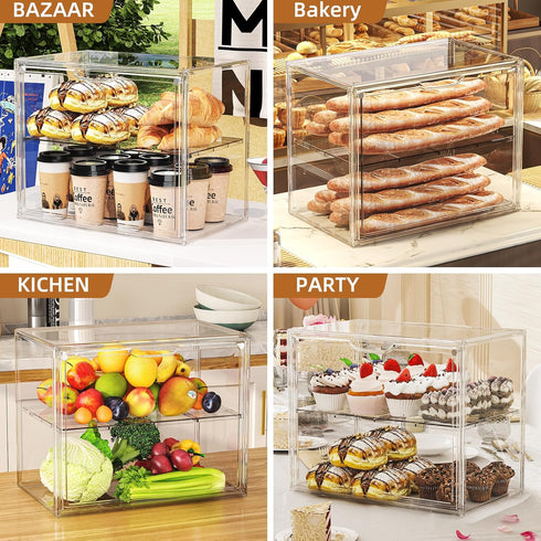 2 Countertop, 15.3" 9.8" 11.4" JOYZAN Pastry Display Case, Tier Bread Box for Kitchen Acrylic Bread Container