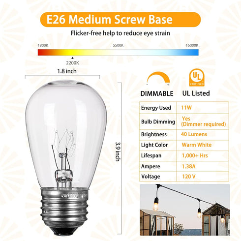 S14 Bulbs 11W Bulbs E26 Bulbs 20 Pack Incandescent Edison Light - Vintage Clear Glass with Medium ScrewBase, Warm
