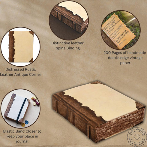 Rustic Vintage Leather Spine Bound Journal, 200 Pages, 6"X4"(A6), Brown, Handmade Antique Deckle Edges