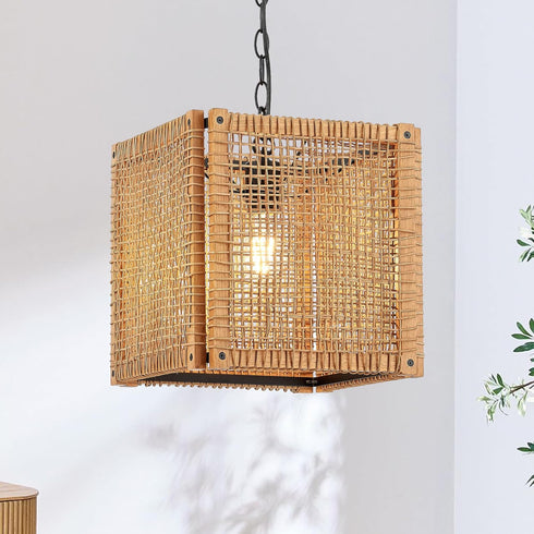 ELYONA 1-Light Rattan Pendant Light, 12" Square Solid Wood Frame Woven Pendant