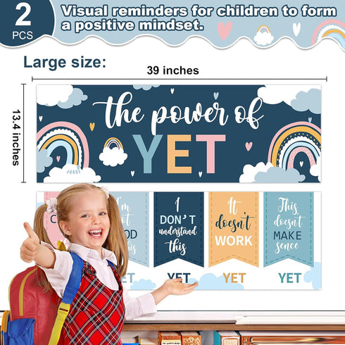 QOUBAI Boho Rainbow Growth Mindset Posters Mindset Classroom Decorations the Power of Yet Banner Positive Mindset Reading Bulletin Board Set Boho Mindset Chats for Preschool Elementary Wall Decor