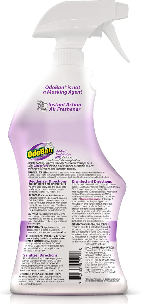 32 OdoBan Ready-to-Use Disinfectant and Odor Eliminator, Ounce Spray Bottle, Lavender Scent