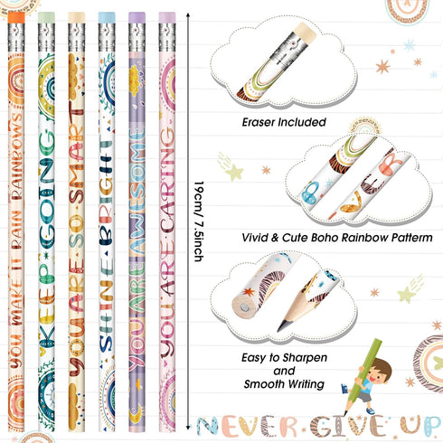 Funrous Boho Rainbow Inspirational Pencils, 200 Pieces Graphite Pencils with Eraser for Students