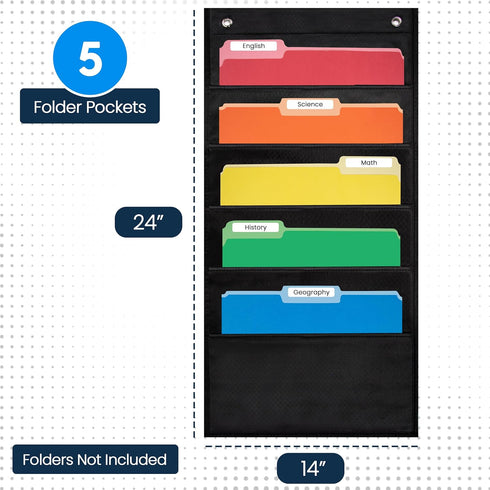 Essex Wares 5 Pocket File Pocket Chart - Black, 14" Wide x 24" Tall Wall Hanging Organizer