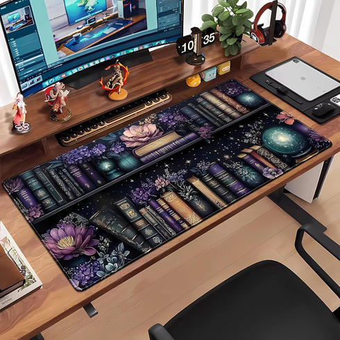 FGRWW 31.5x15.7 Purple Flowers Bookshelf Desk Mat Bookish Desk Pad Celestial Floral Books Large Mouse Pad XXL Extended