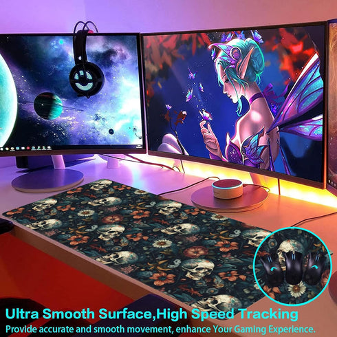 Desk Mat, Skulls with Flowers Large Gaming Mouse Pad XXL, Skull Floral Extended Computer Keyboard Mouse Pad
