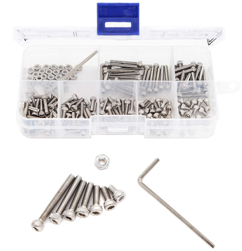 binifiMux 190pcs M2.5 Hex Socket Cap Screws and Hex Nuts Assortment Kit with Wrench, 304 Stainless Steel Silver Tone