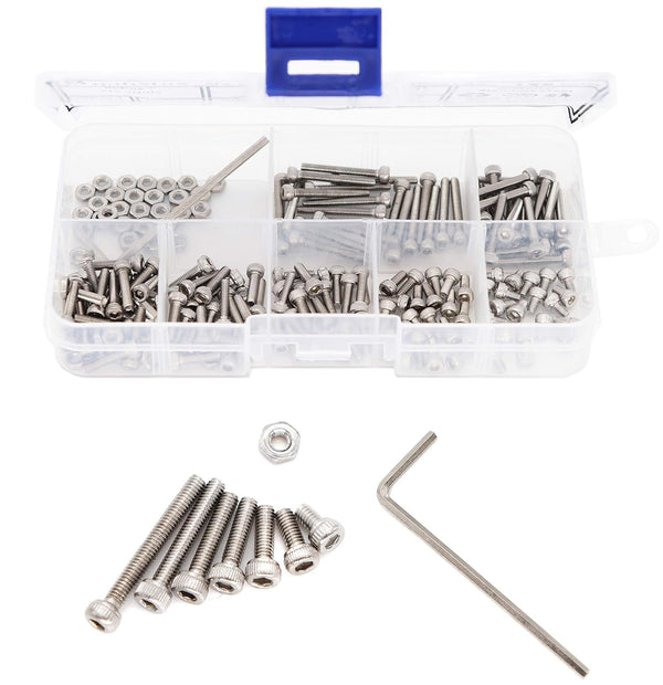 binifiMux 190pcs M2.5 Hex Socket Cap Screws and Hex Nuts Assortment Kit with Wrench, 304 Stainless Steel Silver Tone