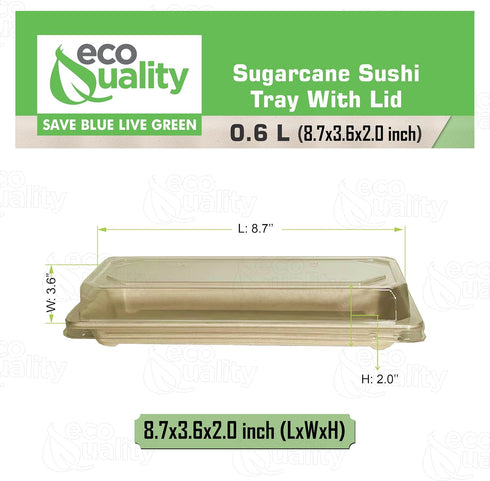 (100) EcoQuality Small Compostable Sushi Trays with Lids - Natural Sugarcane Bagasse Take Out Sushi Container