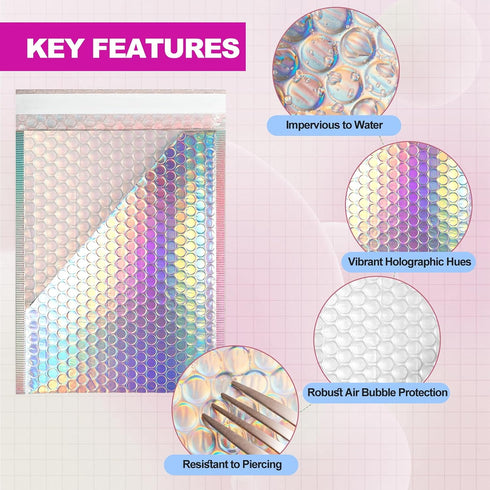 Xvvirnt 50 Pcs Holographic Bubble Mailers,Metallic Bubble Mailers With Thank You Cards and Stickers,Poly Padded