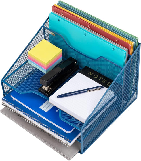 Mind Reader Desktop Organizer, Vertical File Holder, Paper Trays, Metal Mesh, Turquoise