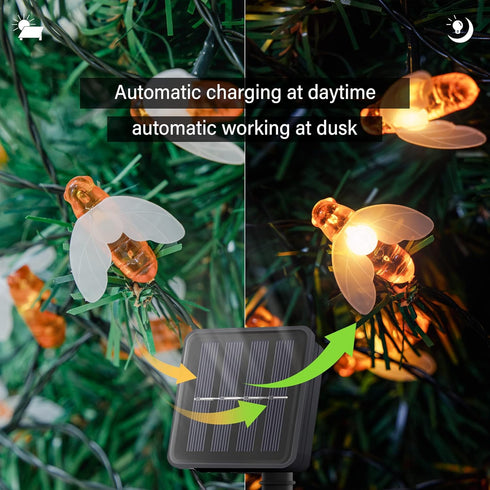 oopswow 2Pack 30LED 8 Solar String Lights Outdoor, Honey Bees Fairy Lights, Modes Cute Bee Lights Waterproof for Garden