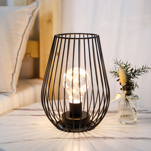 TRIROCKS Metal Cordless Table Lamp, 8'' Tall Cage Shape Battery Operated Lamp with Warm Fairy Lights (Black)