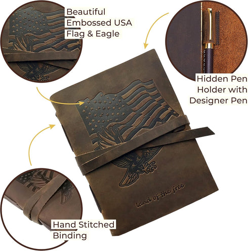 Leather Bound Journal for Men and Women, Handmade Gift Set with USA Flag Embossed Journal & Pen