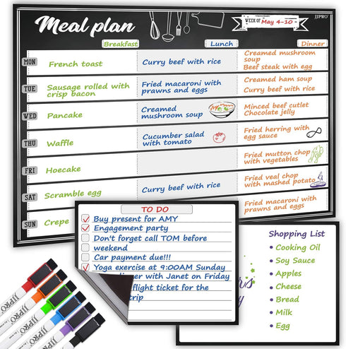 JJPRO Magnetic Dry Erase Meal Planning Whiteboard for Refrigerator, One 14.5x11" Weekly Menu Board and Two Notes
