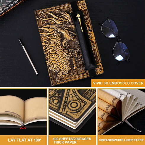 DND Dragon Notebook, 3D Embossed Leather Journal, A5 Vintage Travel Journal with Pen & Sleeve, D&D Handmade Diary