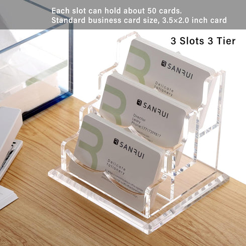 Business Card Holder Display for Desk, Clear Acrylic 3 Tier Organizer, 3 Slots for Men and Women