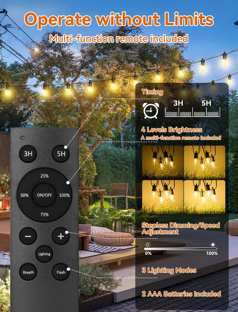 27FT Commercial 12+1 Bulbs 3 Dimmable Brightever Solar Powered Outdoor String Lights with Remote, Grade Waterproof
