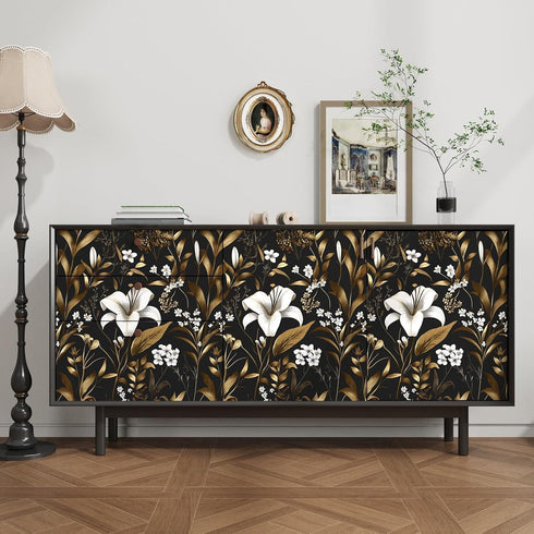 17.5" 393", Laatse Black White Floral Wallpaper Peel and Stick, Dark Gold Vintage Contact Paper x Golden Botanical Wall