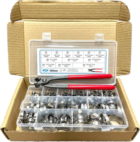 200 Pcs 304 Stainless Steel Stepless Single Ear Hose Clamps with Pincers Crimper Tool Kit for Automotive