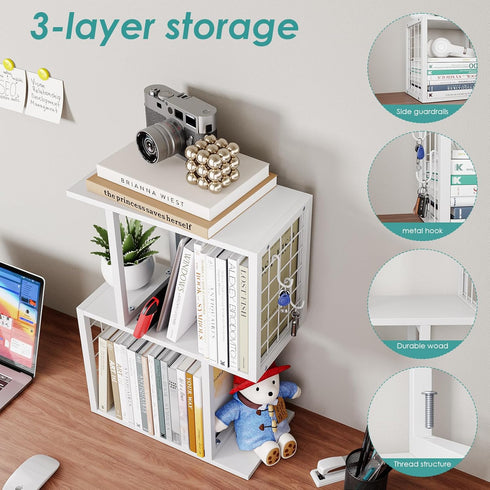 Vfelf 3-Tier Desktop Bookshelf Organizer, White Desk Shelf with Metal Hook Workspace Organizers for Desk Organization