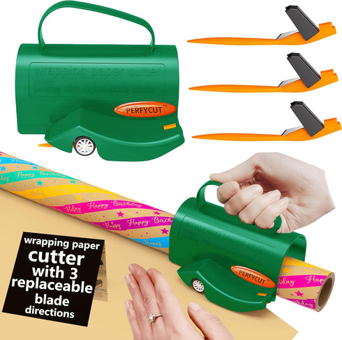 PERFYCUT Wrapping Paper Roll Cutter Tool with 3 Pcs Replaceable Blades, Gift Wrap Cutter for Christmas and Birthday
