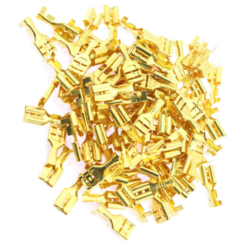 100-Pack 6.3mm Gold Female Spade Crimp Terminals with Insulating Sleeves, Quick Splice Connectors
