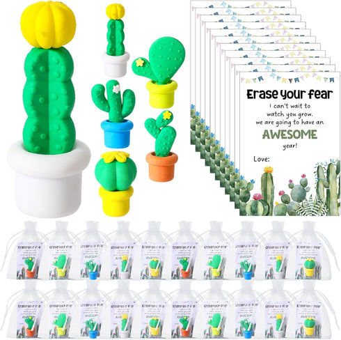 Spakon Christmas Erasers Gifts for Students, 50 Cactus Erasers, Plants Shaped, 25 Gift Cards, Organza Bags