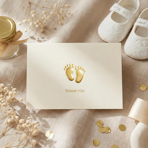 50-Pack 4x6 Inch 300gsm Crisky Embossed Footprint Baby Shower Thank You Cards - Heavy Cardstock with Gold Foil