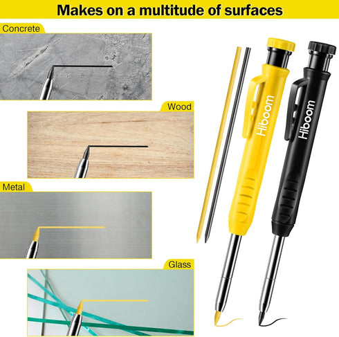 Hiboom 2 Pack Solid Carpenter Pencil with 14 Refill, Deep Hole Mechanical Pencil Marker with Sharpener