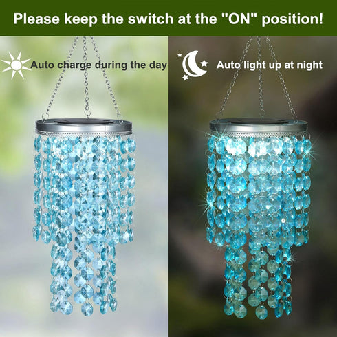 LEWIS&WAYNE 21 Hanging Solar Crystal Chandelier Outdoor, Modern Solar Blue Acrylic Beaded Lantern with Cool White LED S